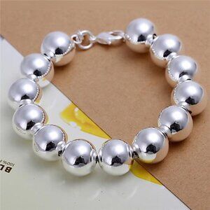 925 Silver 14mm Beaded Bracelet – 8" Polished Ball Chain with Lobster Clasp